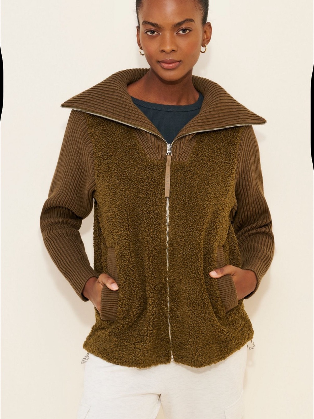 Varley Olive Sherpa Zip-Up Jacket